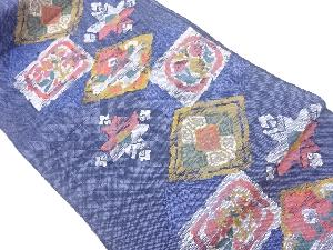 手織り真綿紬菱に色紙・草花模様織出し名古屋帯